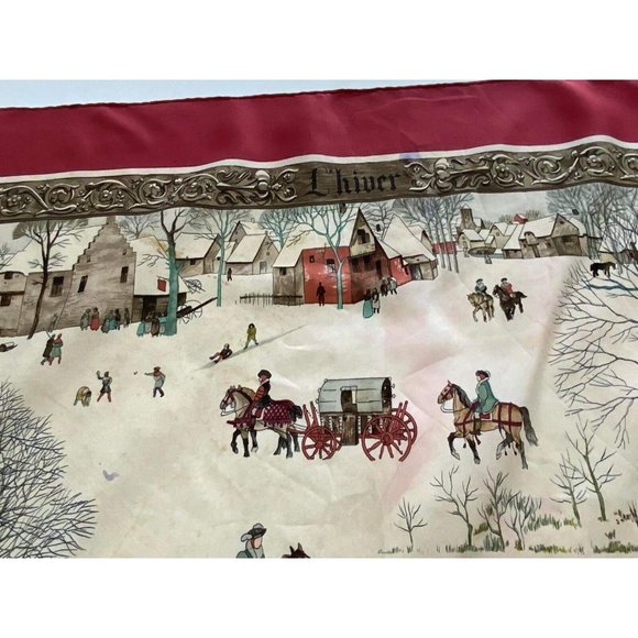 HERMÈS PARIS "L'hiver"By Ledoux Red Horses Snow Hunting Scarf SQR 34’’GD COND - Picture 4 of 9